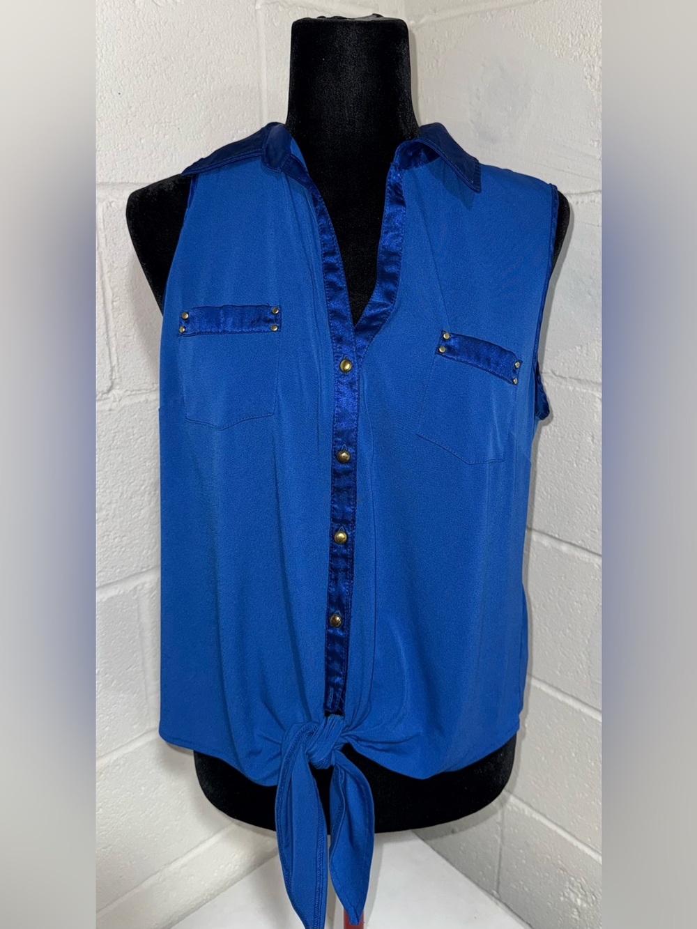 Roz & Ali Cobalt Blue Sleeveless Button Up Tie Front Collared Shirt Large